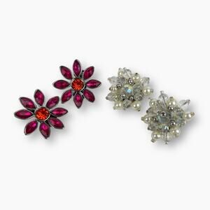 Vintage Beaded Cluster Earrings Clip On Lot 2 Pair Red Flower Faux Pearl Clear